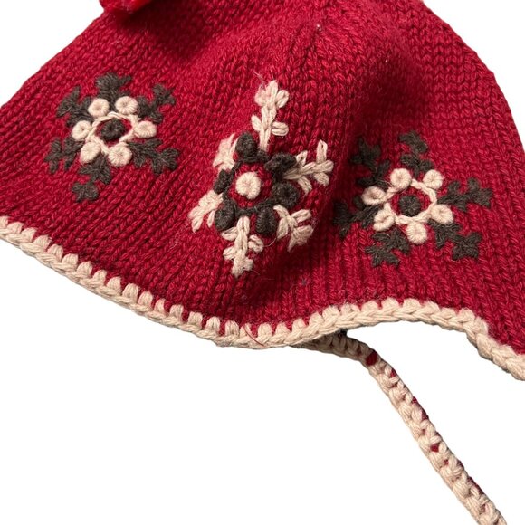 REI Red Brown Floral Crochet Tassel Wool Blend Beanie Hat Womens One Size - Picture 4 of 5